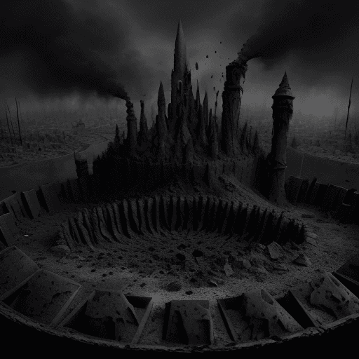 AI generated: a distopic and terrorific land made of  ashes, ashes, aches and more ashes.