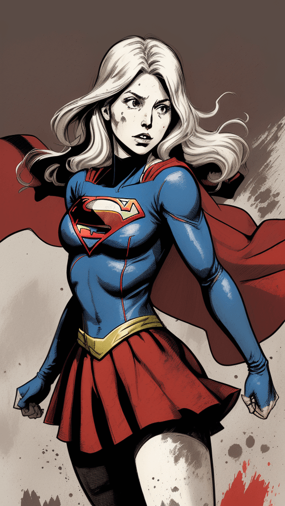 AI generated: a drawing of a supergirl, in the style of adventure pulp, dark white and bronze, mottled, yup'ik art...