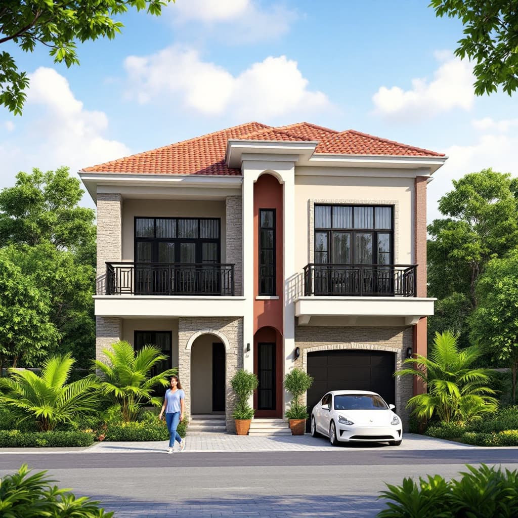 AI generated: Generate a 3D rendering of a two-story, modern residential house with a symmetrical facade. The hous...