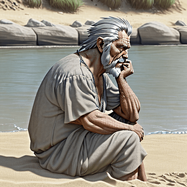 AI generated: side view of a nice and wise old gray hair prehistoric man sitting on sand near the bank of the rive...