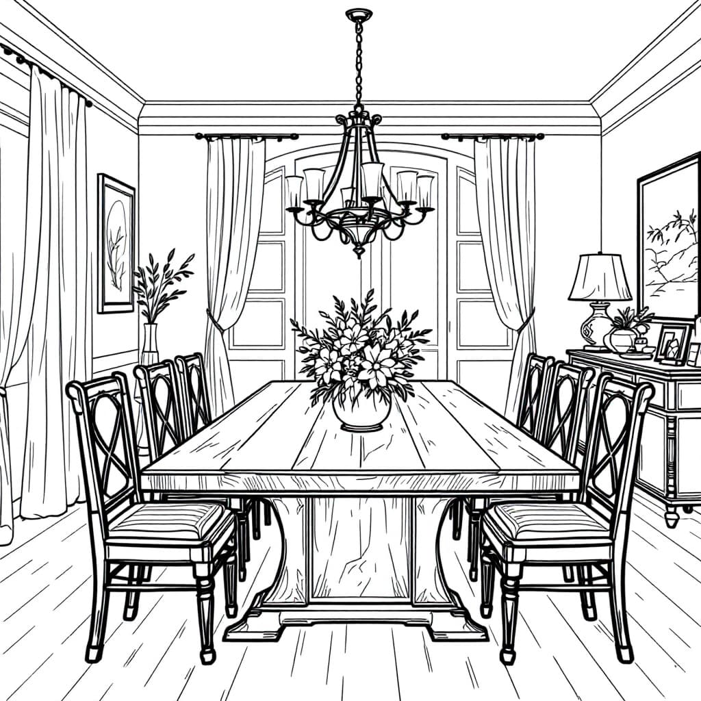 AI generated: Create a high-resolution black-and-white line drawing of a dining room with a wooden table. Include ...