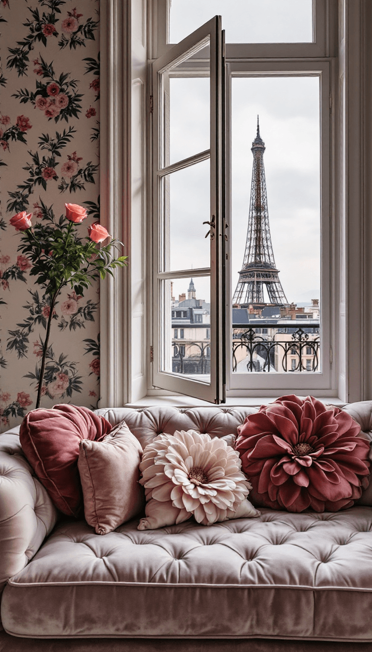 AI generated: a Parisian loft with views of the Eiffel Tower, romantic modern decor, floral wallpaper, feminin vel...