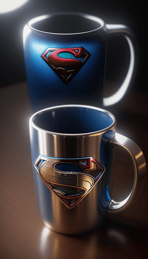 AI generated: Mug on the table with the design and character of Superman The Mug is gold and Blue dark, no waterma...