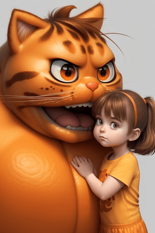 AI generated: Close up,a Pixar-style (little girl kisses a very huge Orange Garfield cat:1.2) with an outfit made ...