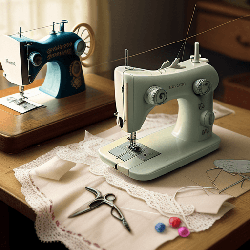 AI generated: sewing machine, threads, fabrics, lace, scissors, needles, beads, thimble, realism, bright