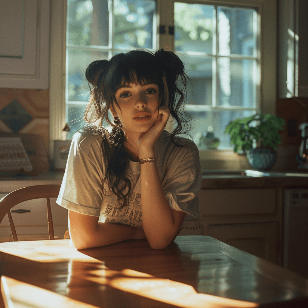AI generated: cute woman, dark hair, bangs, messy pigtails, wearing boyfriend T-shirt, baggy draw string sweat pan...