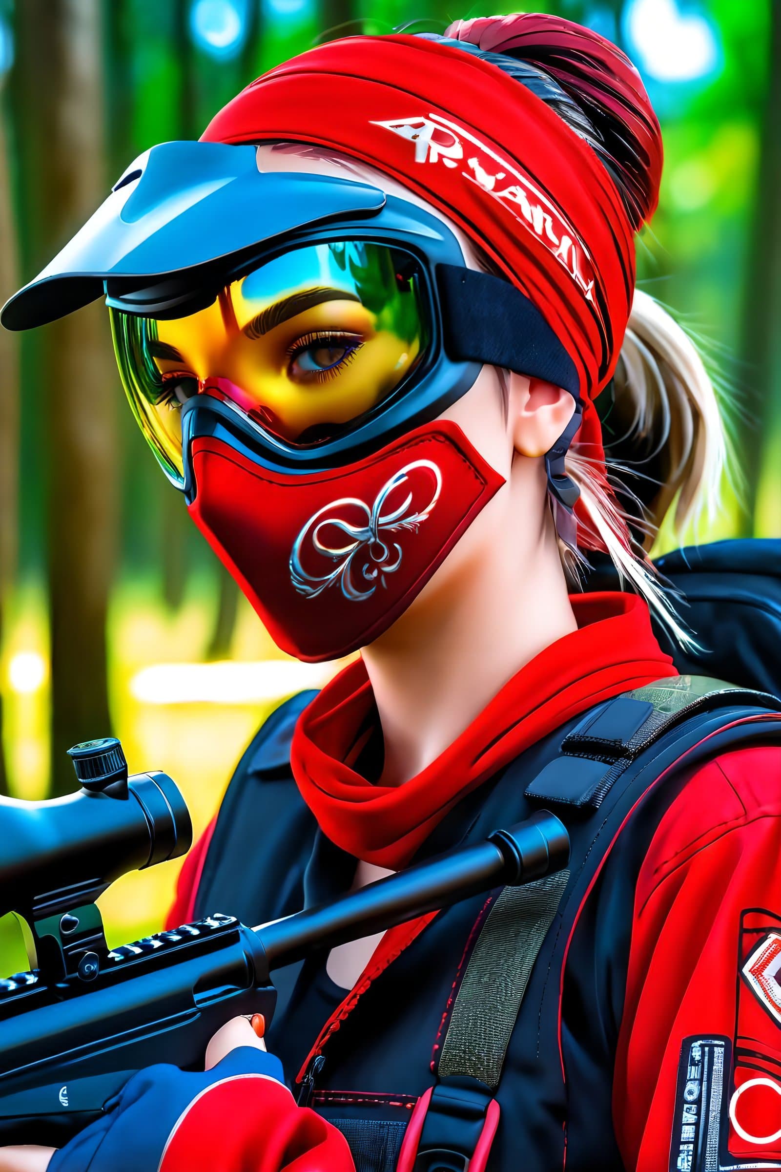 AI generated: (Girl paintball master:1.3) red bandana, mask, short chest, rim light, beautiful Lighting, 8k, stunn...