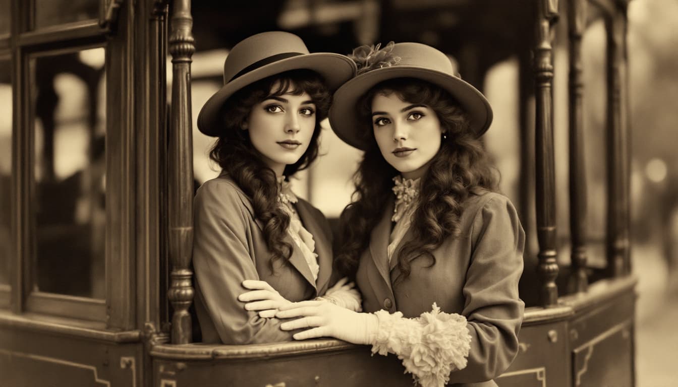 AI generated: sepia photography, two young french women, brown hair, tall and beautiful, standing In a tram of the...