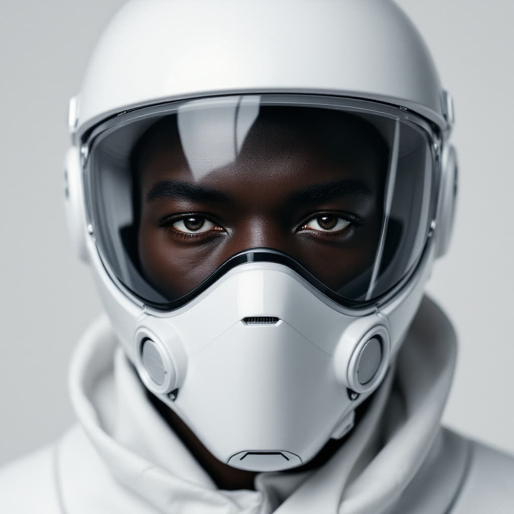 AI generated: high resolution photography, portrait of a BLACK male model, wearing a futuristic white and helmet, ...