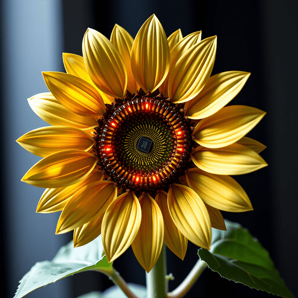 AI generated: "A blooming sunflower, its petals made of segmented metallic plates like heat sinks, and its center ...