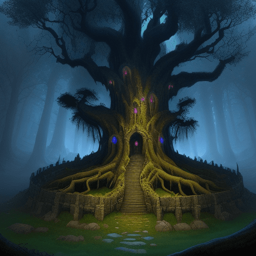 AI generated: fortress of ancient trees, masterpiece, fairytale, beautiful picture, dark, dungeon synth, colourful...