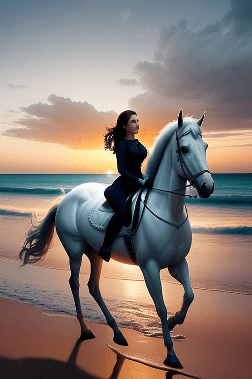 AI generated: a beautiful scene a beatiful woman riding a white horse on the beach as dusk falls
