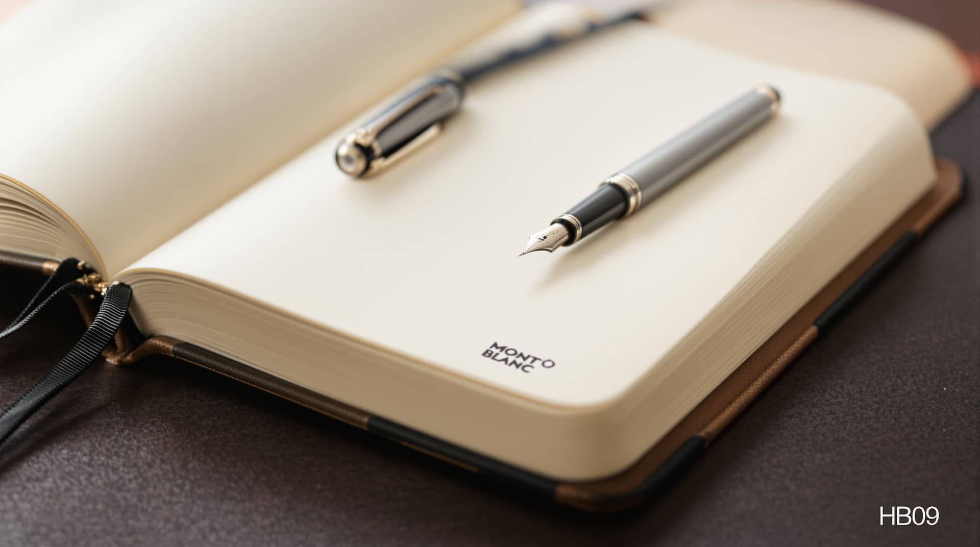 AI generated: A Mont Blanc pen on a diary.
Insert a tiny "HB09" watermark at the bottom of the photo.