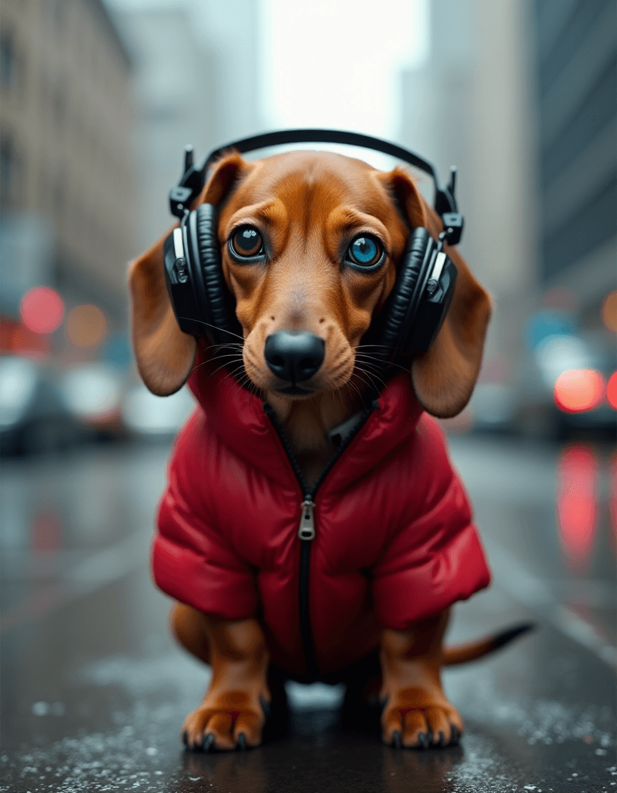 AI generated: dachshund dog, red, one eye blue, the other brown, wearing large Marshall headphones, a red down jac...