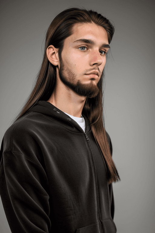 AI generated: Man, 20yo, tall, slim, long straight hair, light brown hair, gray eyes, short full beard, serious fa...