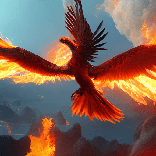 AI generated: Phoenix bird with spread wings above a sea of fire, huge feathers, Full body, photo realistic, epic,...
