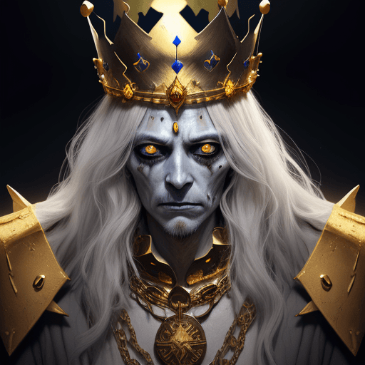 AI generated: Undead king with golden crown and necklaces, golden sunrays headdress, dead white eyes, dead dry ski...