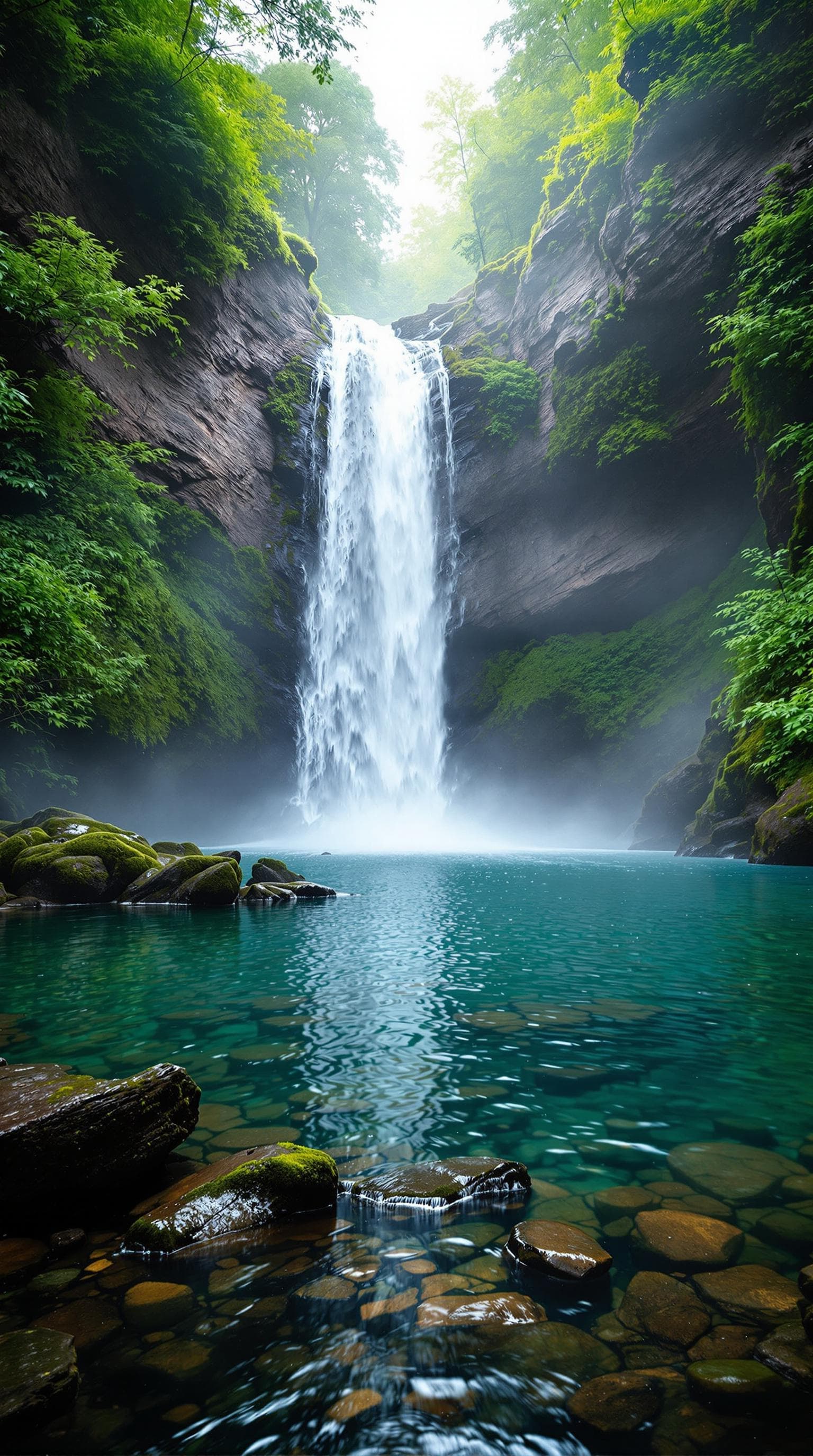 AI generated: A breathtaking waterfall cascading down rugged cliffs, surrounded by lush greenery and mist rising f...