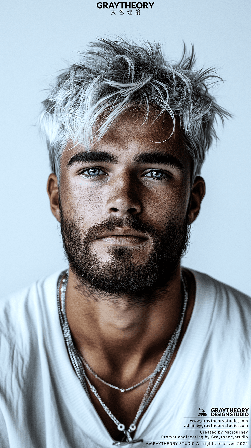 AI generated: Photograph, man, model, minimalist style, white and silver two block hair style, beard, gaze, solid ...