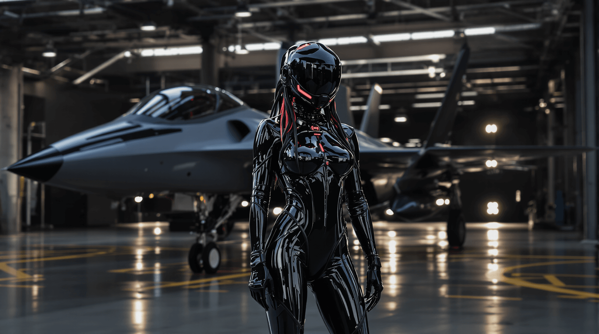 AI generated: A futuristic theam, full figure posing/shot, She's standing outside of a futuristic hangar looking o...
