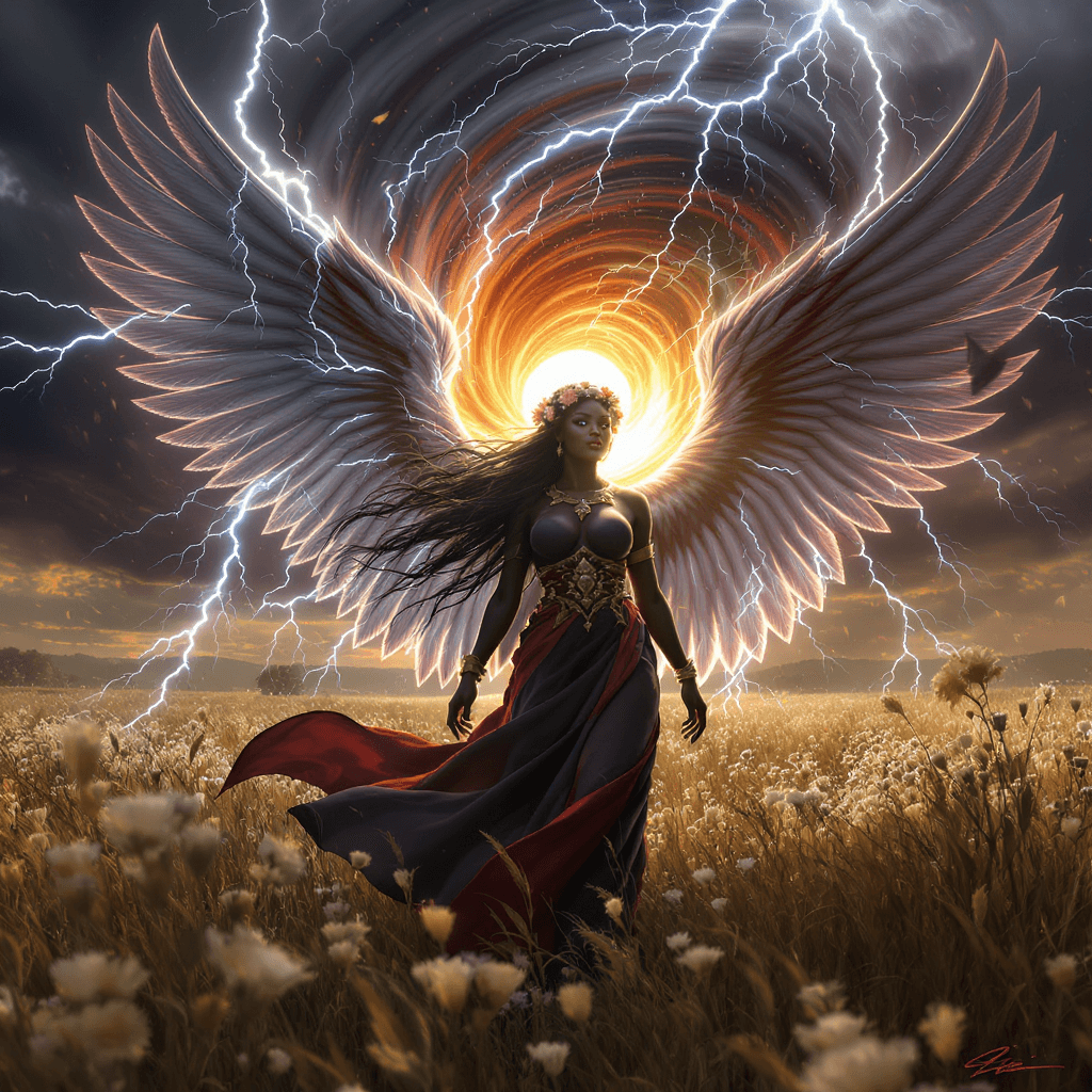 AI generated:  A young black african goddess with long wavy hair, standing in a flower field of tall grass.She has...
