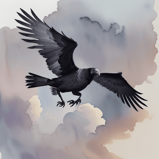 AI generated: watercolor with high water content, hazy painting of a close up crow in flight through clouds, with ...