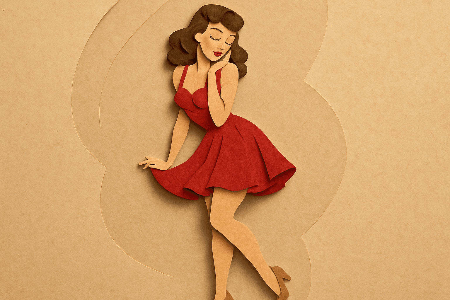 AI generated: paper cut, pin-up girl in a short dress, full - body, she poses coyly