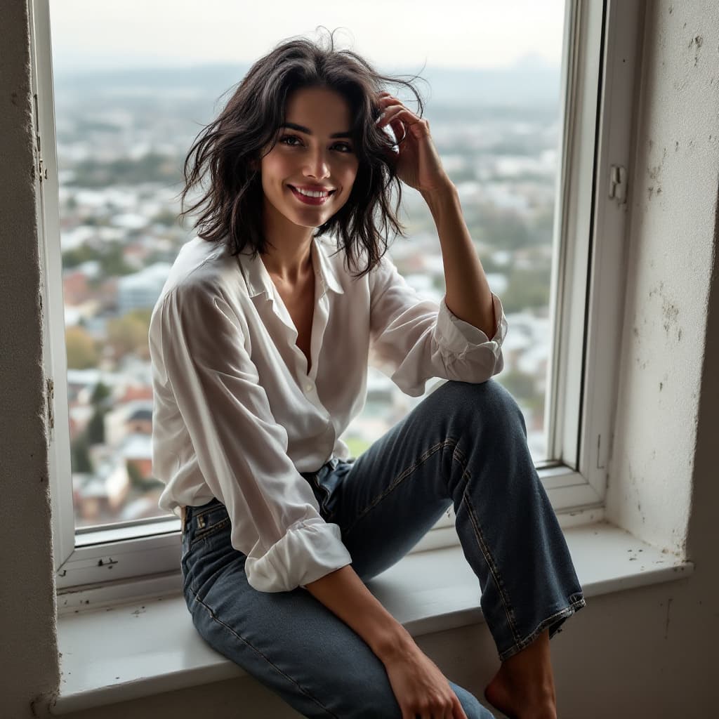AI generated: woman, shoulder length black hair, sitting on a windowsill in her high-rise apartment with a view of...