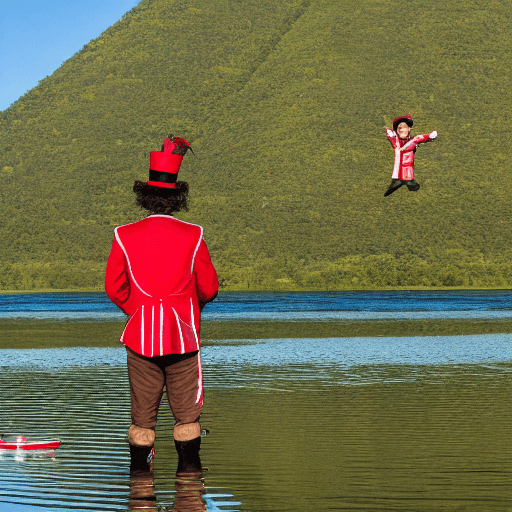 AI generated: Juggler without beard in shorts and jacket with dark green and scarlet red stripes, with a top hat a...