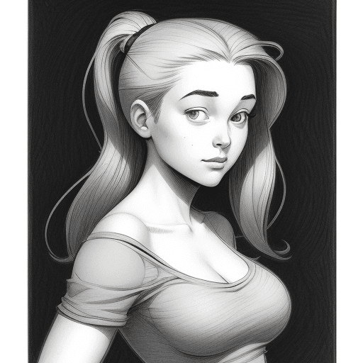 AI generated: pencil drawing, cute woman, mid-20's, artist, mike mignola style