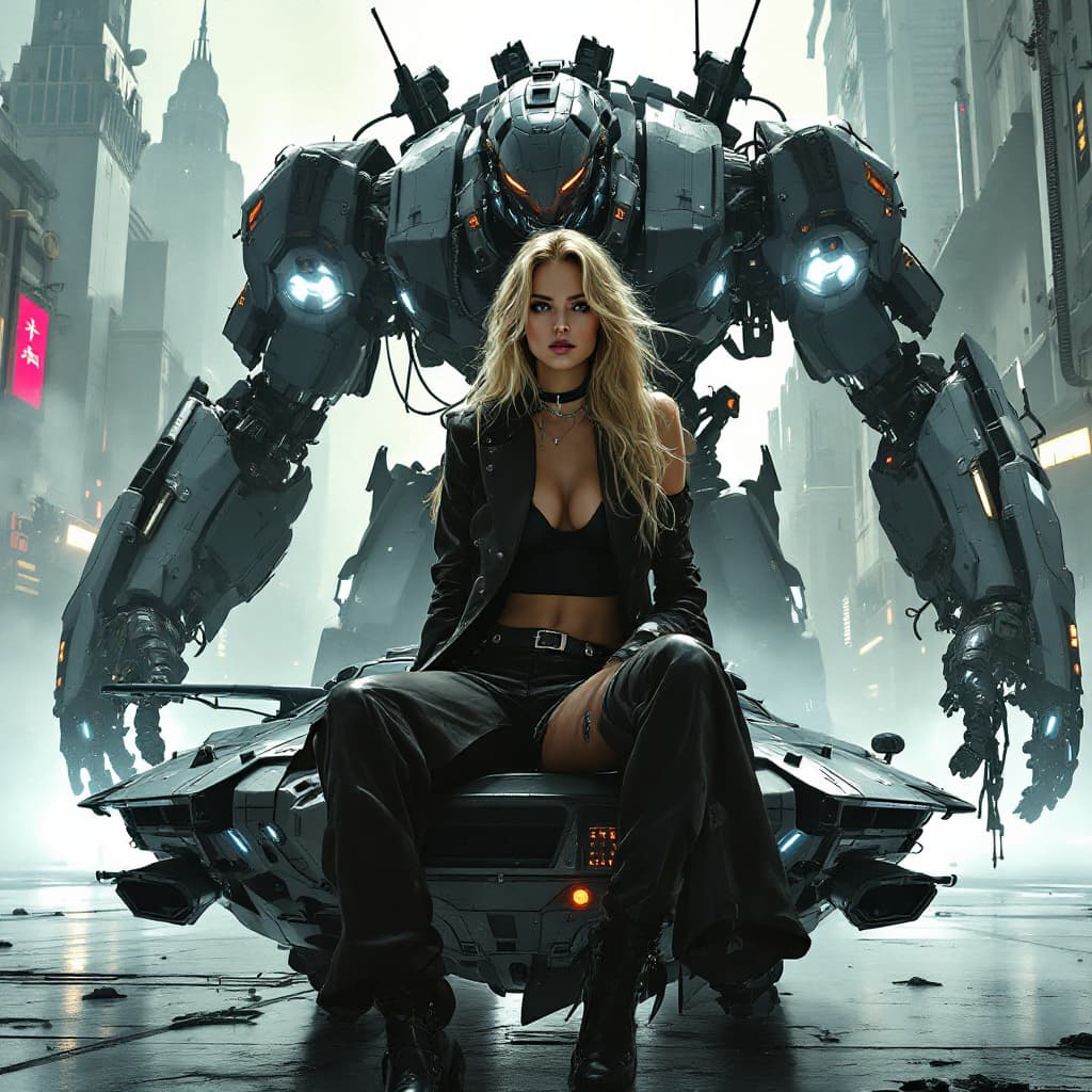 AI generated: Syd Mead style futuristic cyber dieselpunk hovercraft, full body shot of beautiful European young bl...