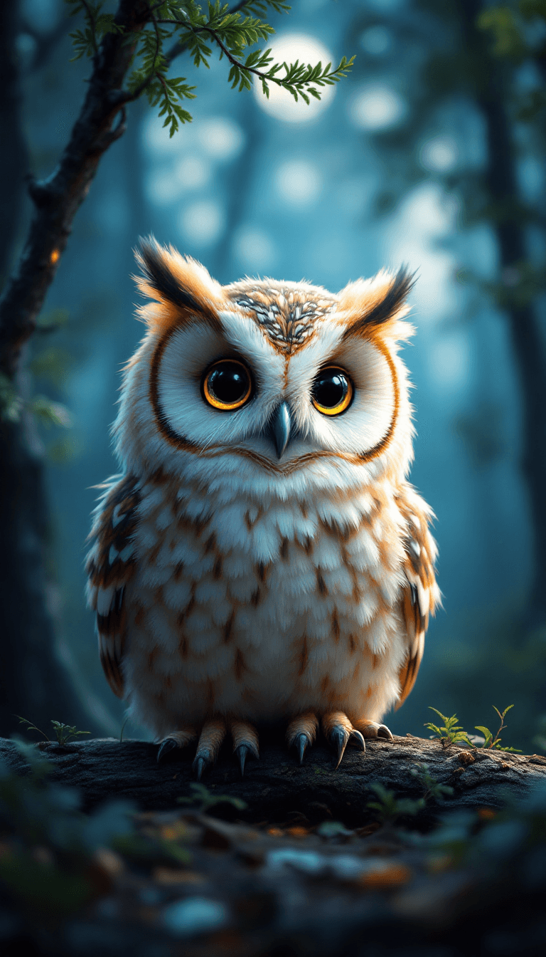 AI generated: A hyper-detailed, ultra-fluffy owl sitting in the trees at night, looking directly at the camera wit...