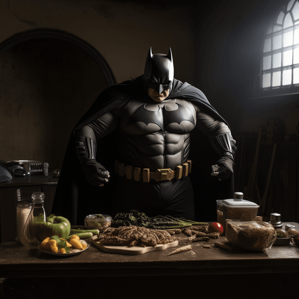 AI generated: The image features a man dressed as Batman, but with a noticeable belly fat. He is standing in a dar...