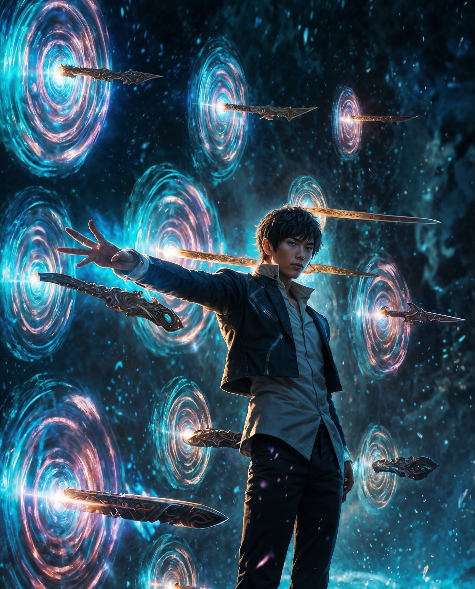 AI generated: In a mesmerizing scene, an ethereal anime man stands amidst swirling portals, each exuding sparkling...