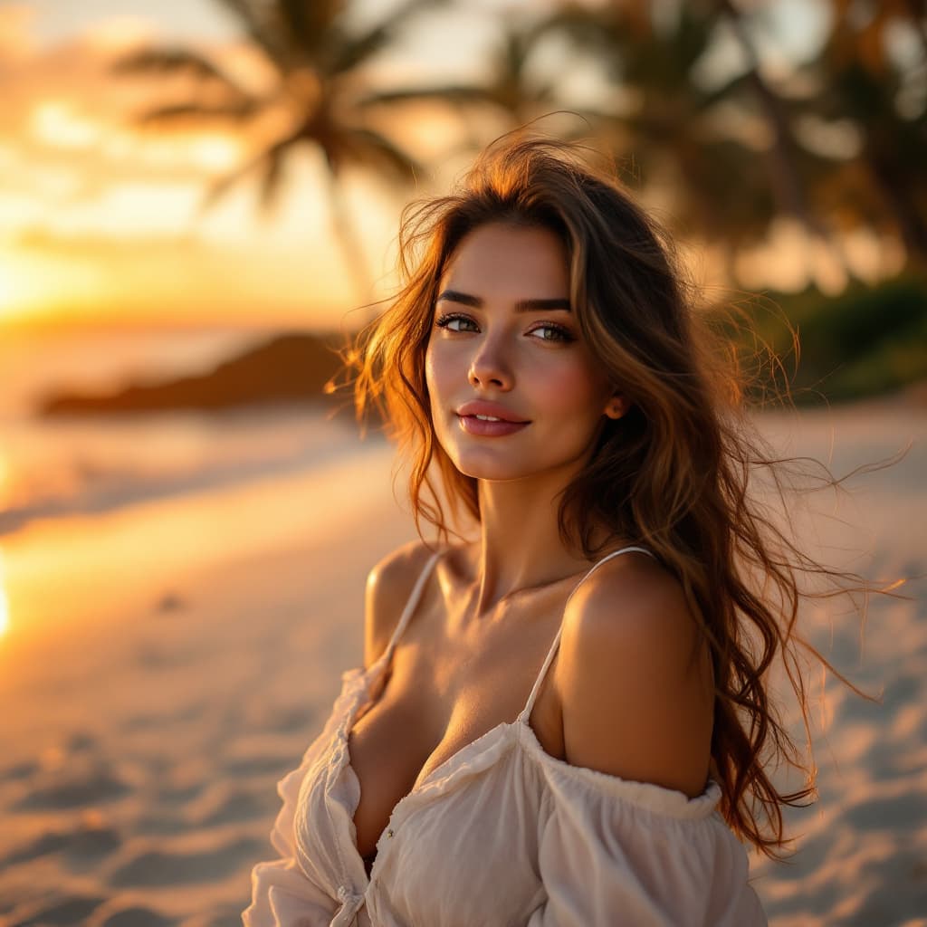 AI generated: A beautiful lady in her mid-thirty in a sunset beach surrounded by trees. 4K resolution in a cool an...