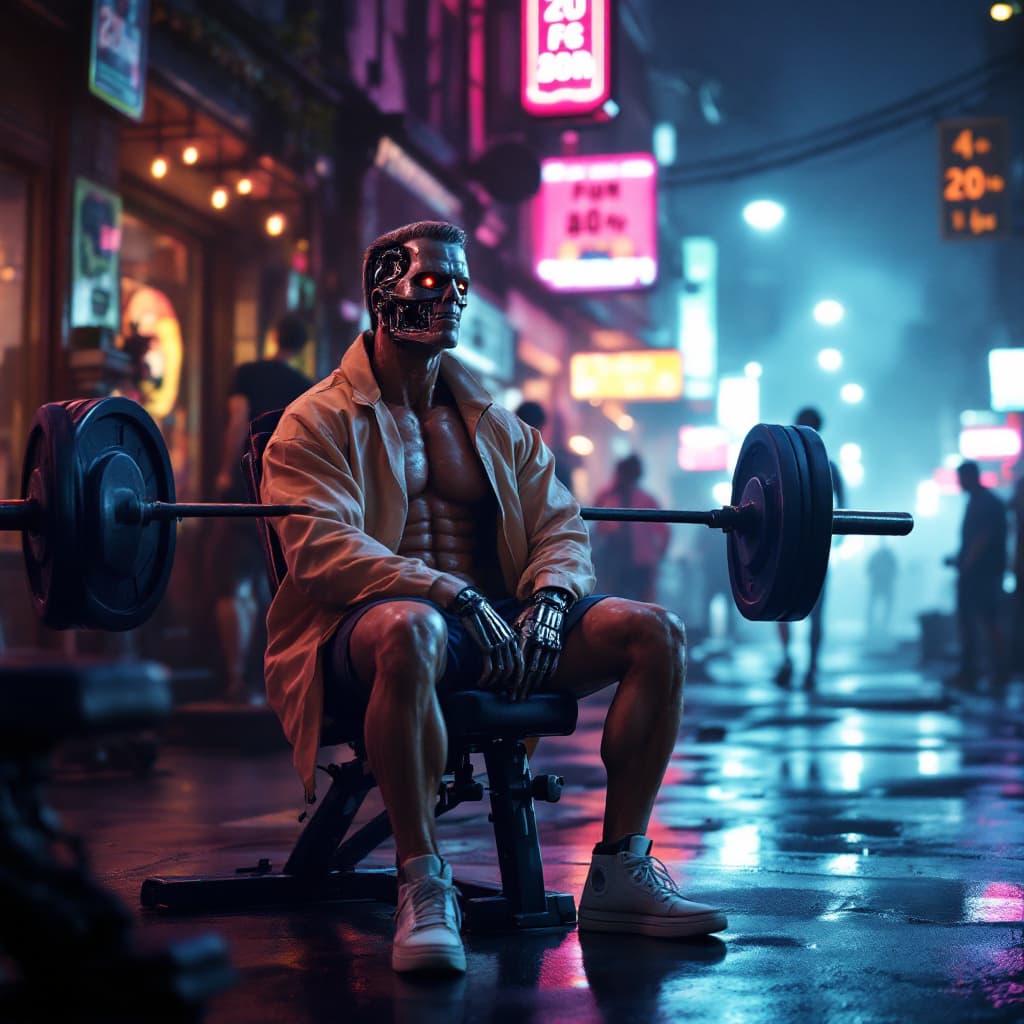 AI generated: A hyperrealistic cinematic scene showing the Terminator from The Terminator movie seated on a bench ...