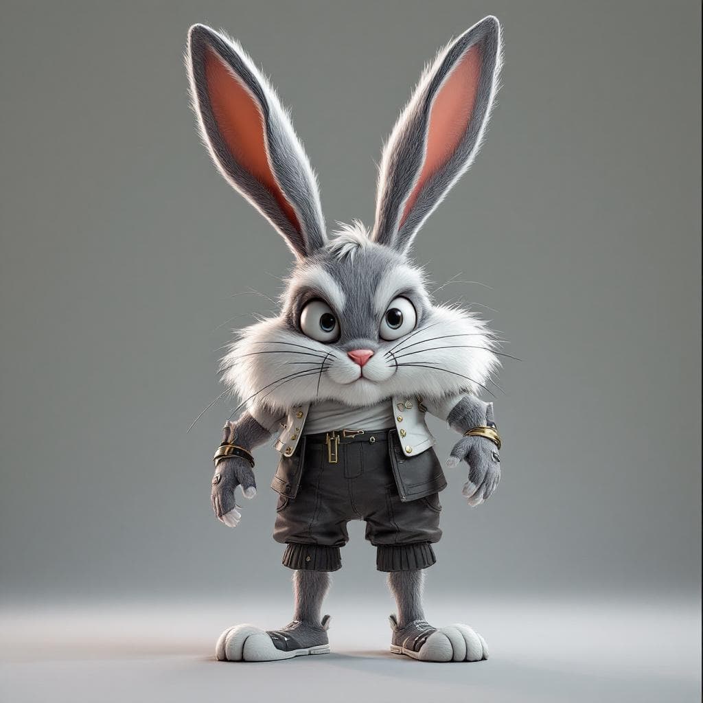 AI generated: Create a Bugs Bunny character that is nothing like Bugs Bunny. He is Bugs reimagined.  A 6-foot-5 an...