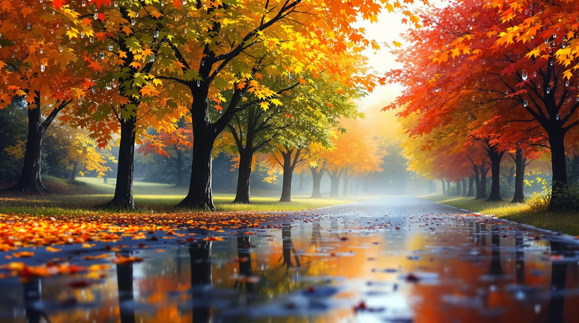 AI generated:  In a picturesque macro close up scene,depicted in terry redlin style, mixed autumn trees stand tall...