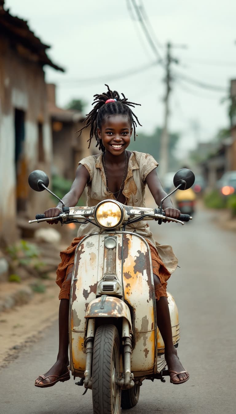 AI generated: Etwa 13 Jahre Junges afrikanisches Mädchen lächelnd auf einem sehr alten verbeulten Moped fährt über...