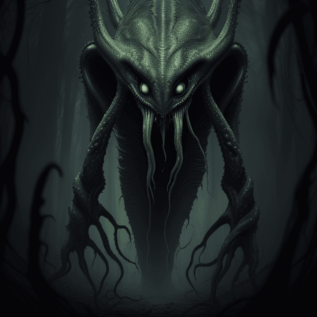 AI generated: epic realistic, Terrifying Alien creature with sharp, elongated limbs, a hideous face with green dea...