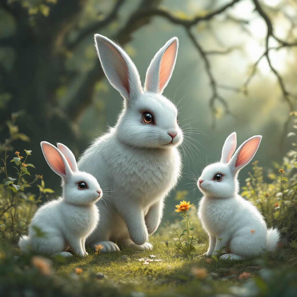 AI generated: generiere mir ein evil bunny 
das mit anderen kaninchen um einen löwenzahn streitet aber es soll stä...