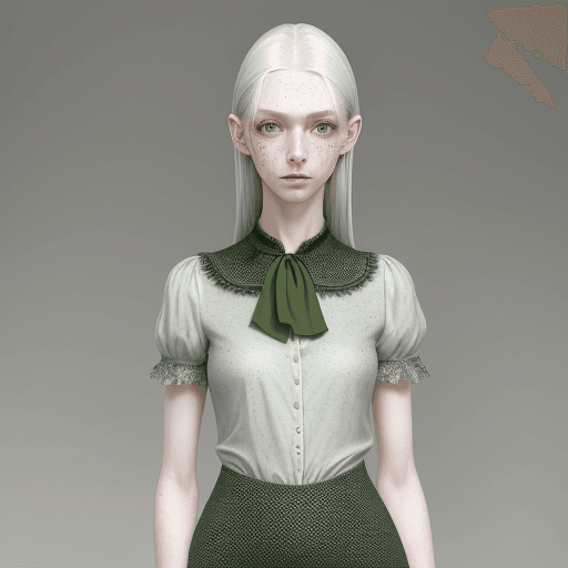 AI generated: Tall slender young girl, silver hair, green eyes, freckles, full body shot. pale skin, blouse, reali...