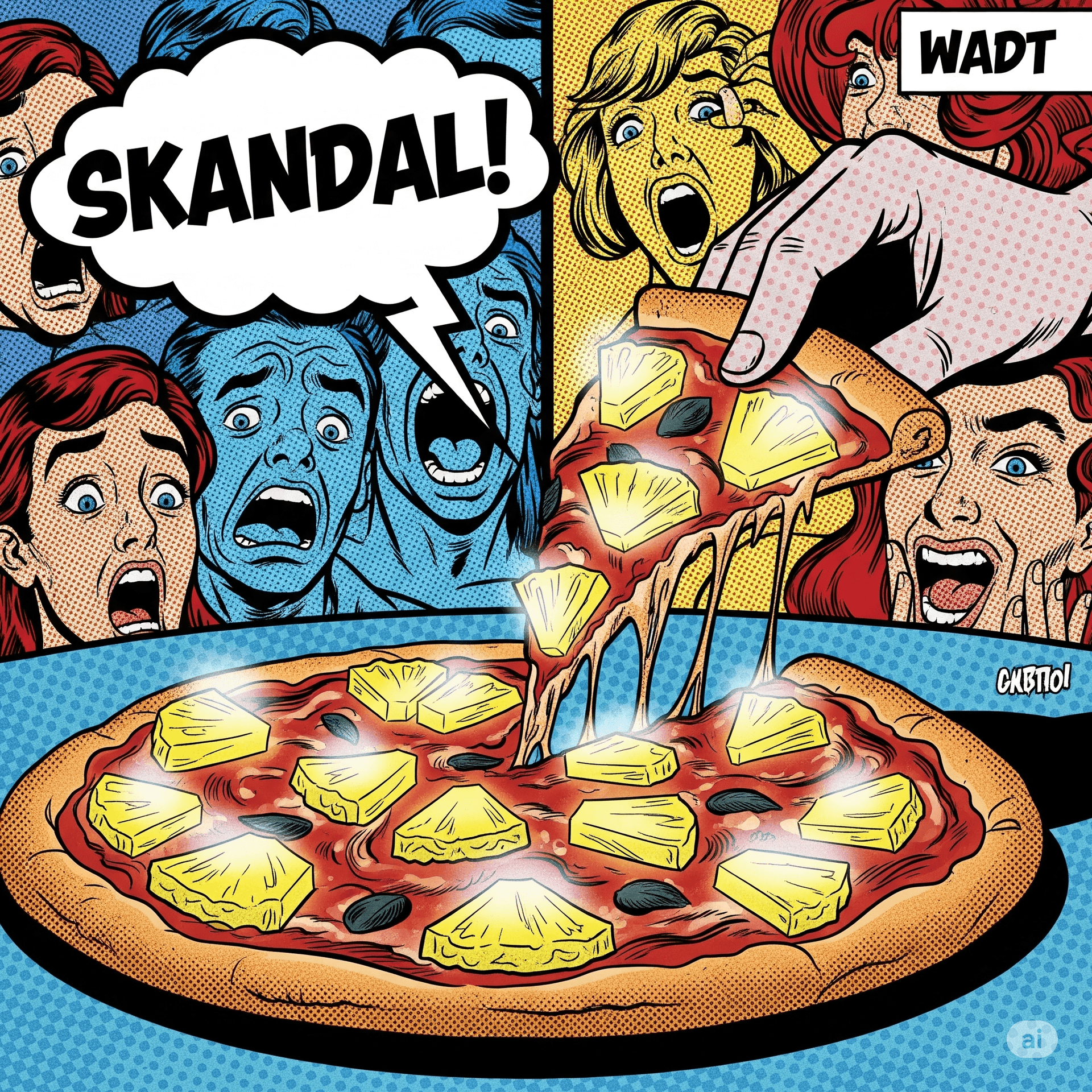 AI generated: Pop Art style album cover, like Roy Lichtenstein. A dramatic close-up of a hand lifting a slice of P...