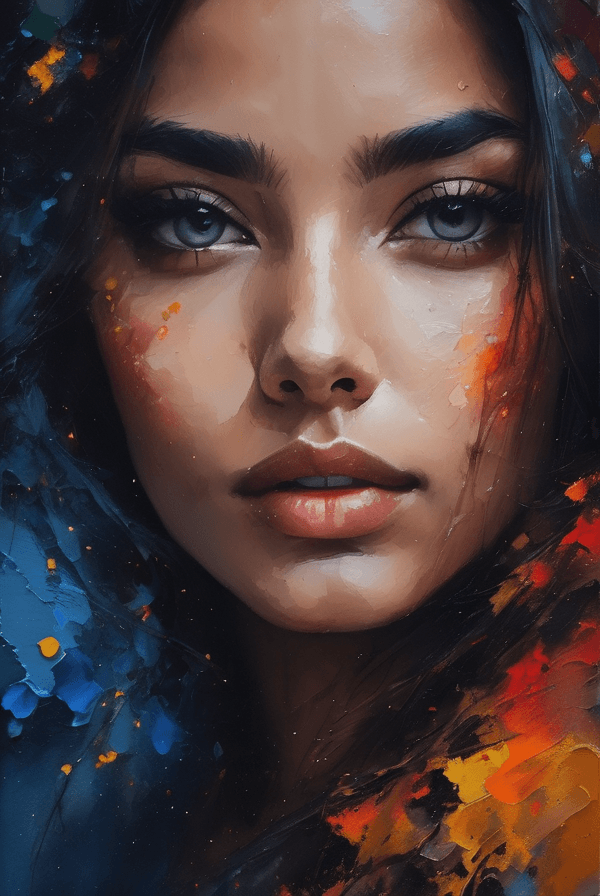AI generated: A beautiful woman created from random paint blotches and brush strokes, big beautiful eyes wide open...