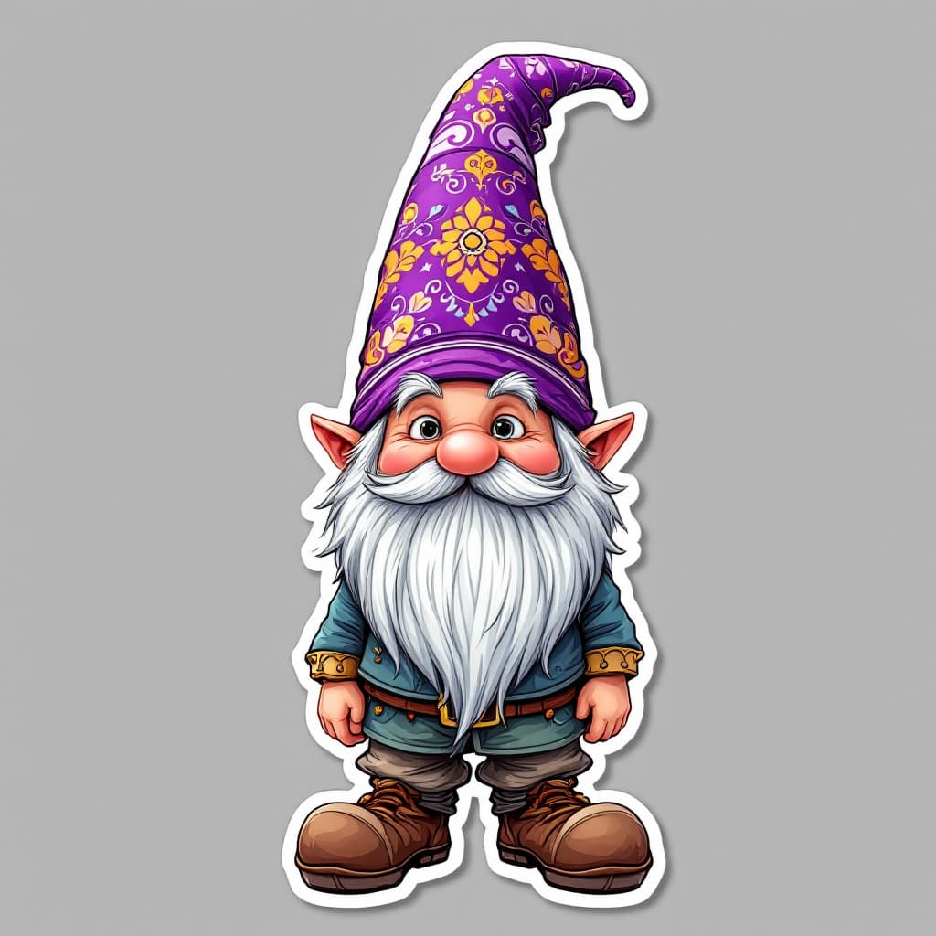 AI generated: A highly detailed full-body cartoon sticker of a whimsical gnome character. The gnome is wearing a v...