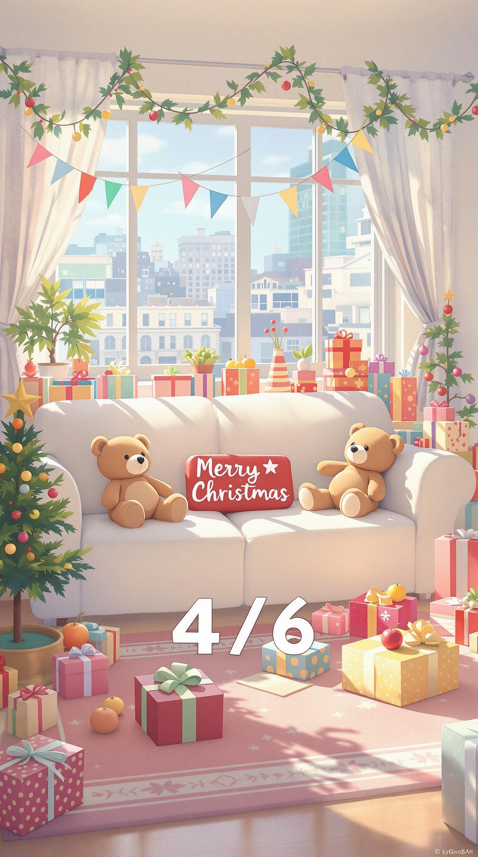 AI generated: A festive Christmas scene with teddy bears, presents, and colorful decorations in the living room of...