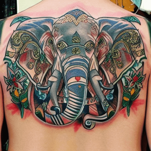 AI generated: TATTOO COLORED ON THE BACK, ELEPHANT, ARMOR, PERSIA, MONEY, LUCK,
