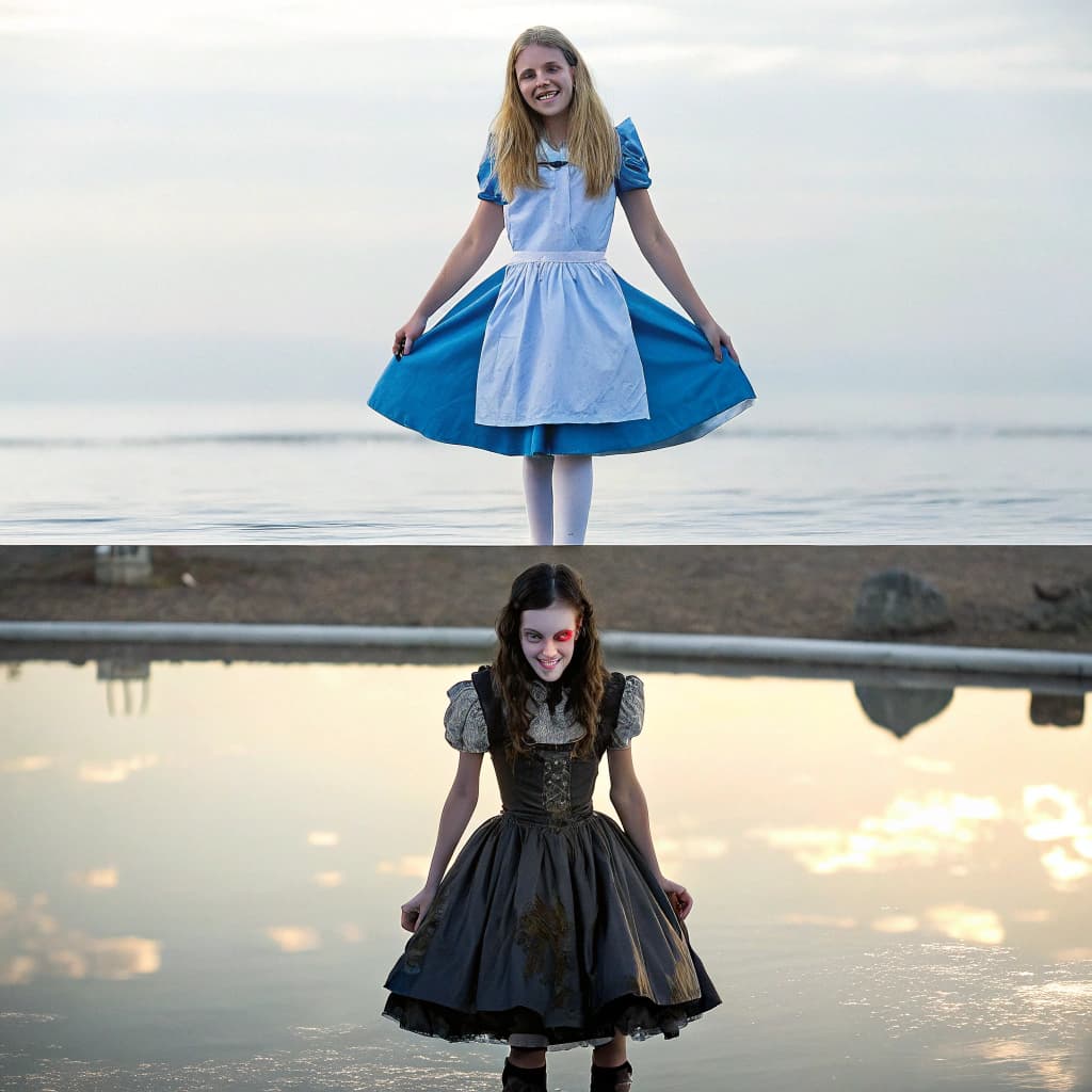 AI generated: Sharp contrast, top: Alice from 'Alice in Wonderland', bright, clean, cel-shaded anime style, big ey...