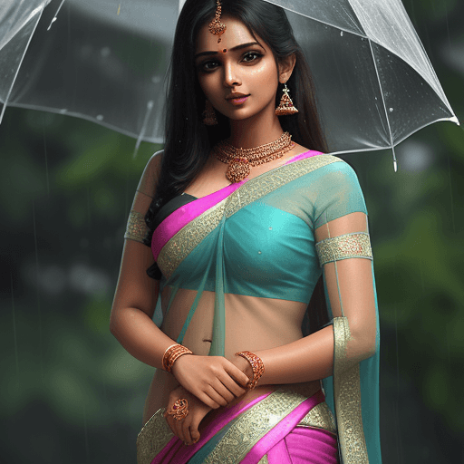 AI generated: South Indian lady transparent saree rainy day looking for love