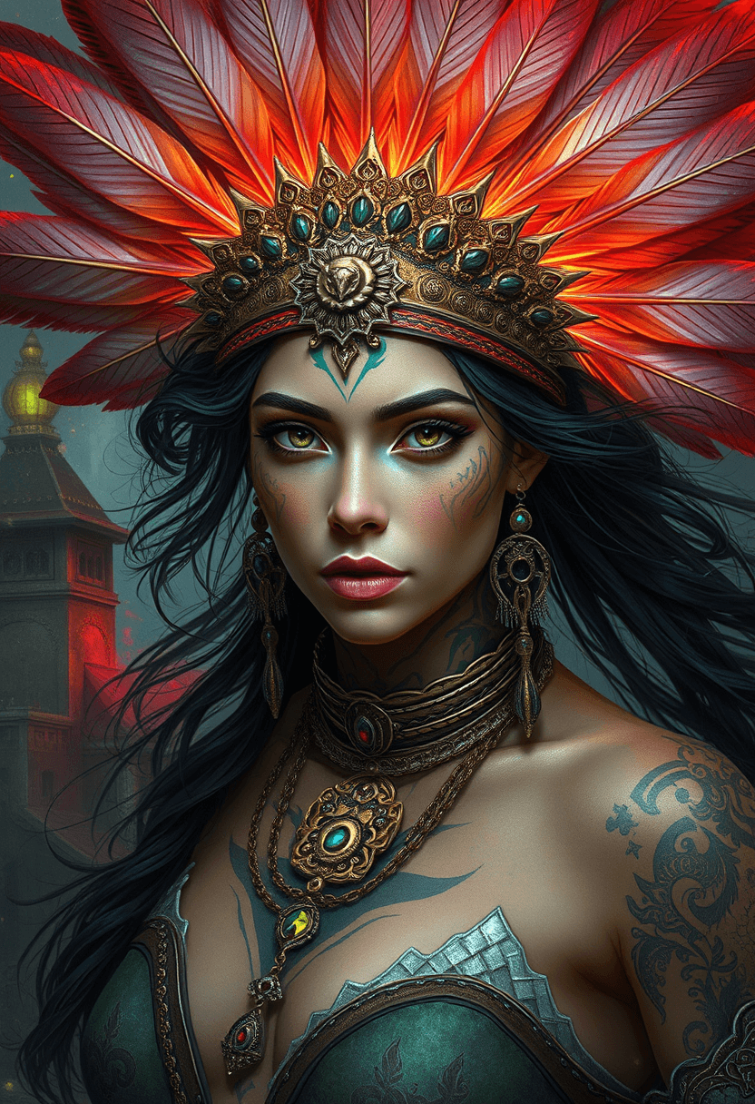 AI generated: A female warrior with dark hair and facial tattoos, wearing a headdress of feathers, full-body portr...